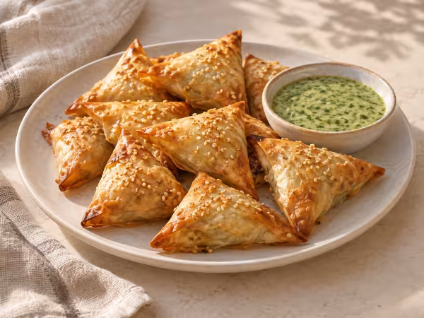 Samosas de patata y guisantes con salsa de cilantro servido