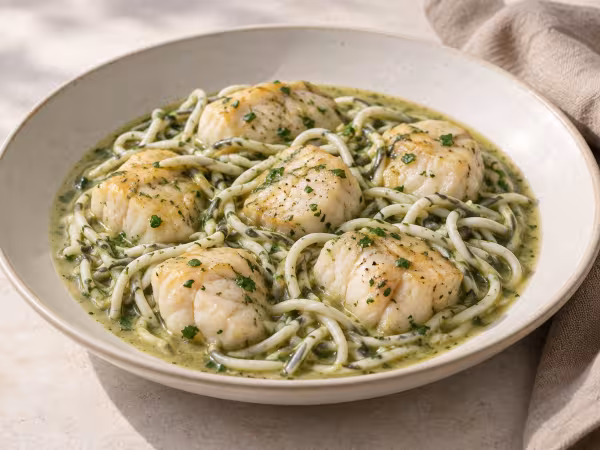Rape con gulas en salsa verde servido