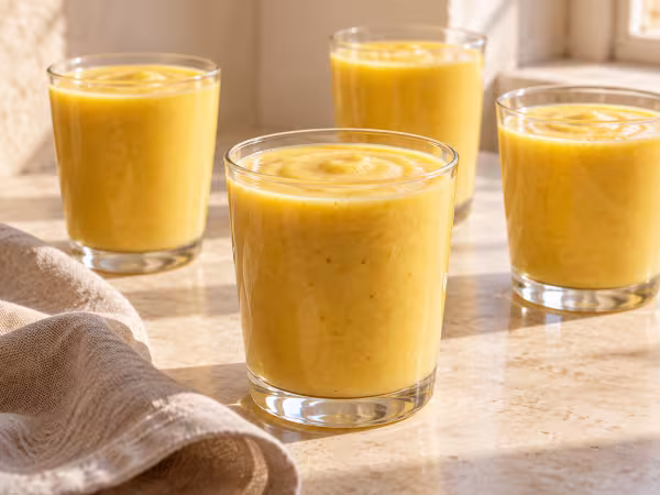 Mango and banana smoothie with ginger ready to serve