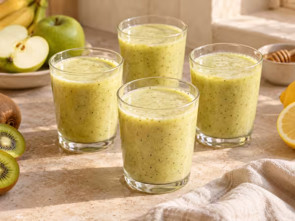 Apple, kiwi and banana smoothie with lemon ready to serve