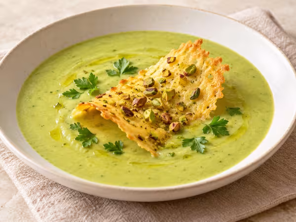 Courgette soup with cheese and pistachio crisps ready to serve