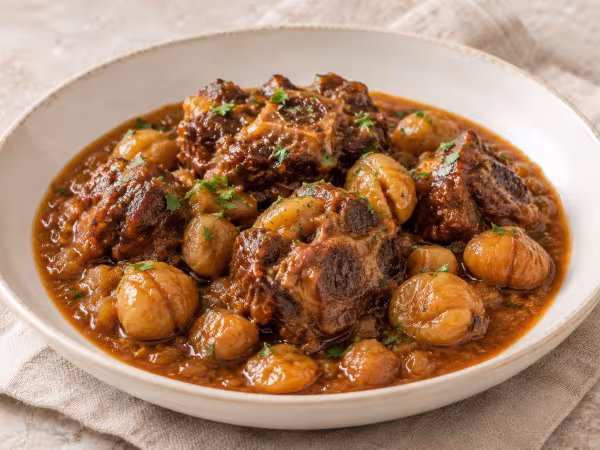 Oxtail in sherry sauce with chestnuts ready to serve