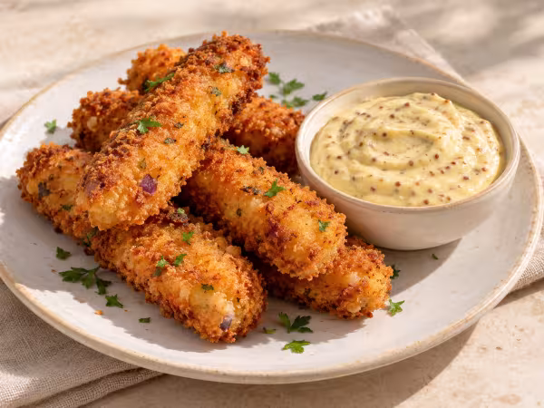 Chicken and potato fingers with roasted garlic mustard sauce ready to serve