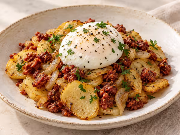 Huevo escalfado con patatas panadera y chorizo servido