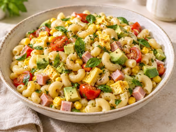Ensalada de coditos con aguacate, jamón y tortilla servido
