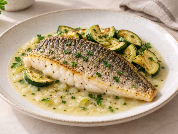 Dorada asada con salsa de limón y calabacín servido