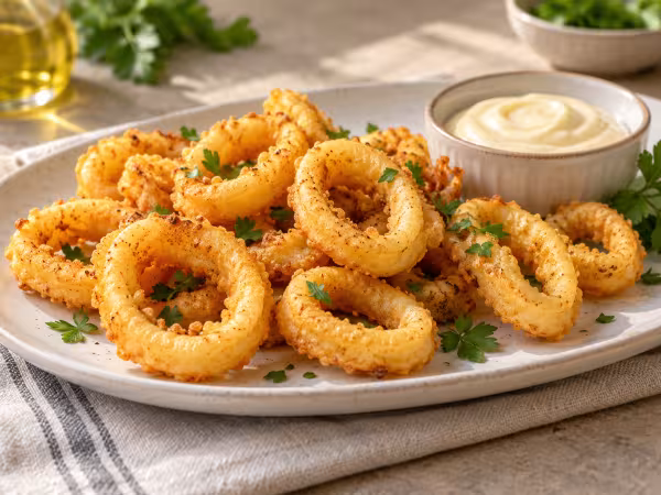 Chickpea-flour fried squid with soy mayonnaise ready to serve