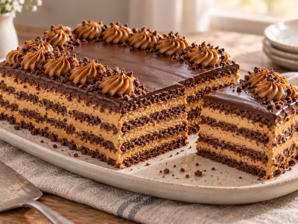 Dulce de leche chocotorta with chocolate ganache ready to serve
