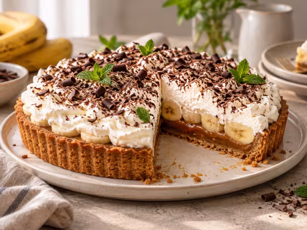 Banoffee tart with homemade toffee and cream ready to serve