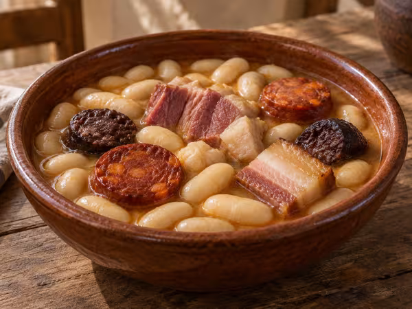 Fabada con lac&oacute;n, chorizo y morcilla servido en un plato