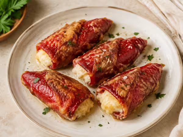 Pimientos del piquillo rellenos de bacalao servido y listo para comer
