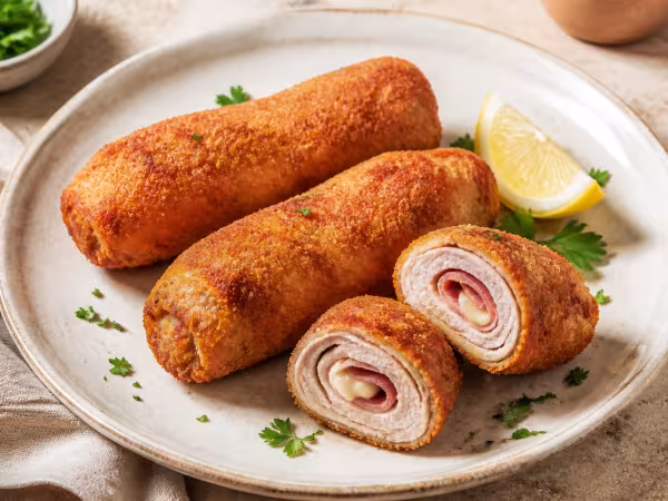 Pork, Serrano ham and cheese rolls served on a light table