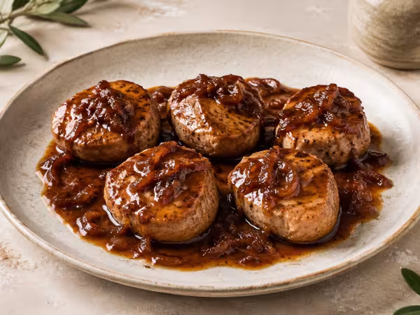 Pork tenderloin with Pedro Xim&eacute;nez sauce served on a light table