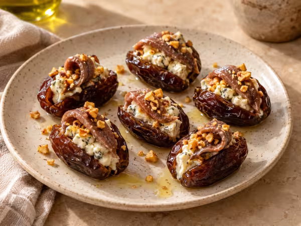 Seis dátiles abiertos rellenos de gorgonzola, con anchoa enrollada y kikos picados en un plato de cerámica