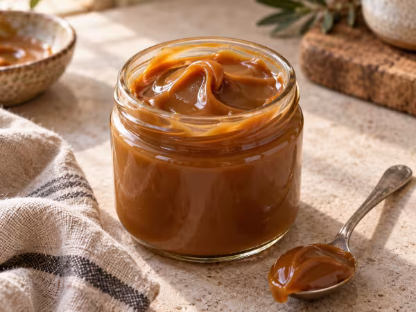 Dulce de leche cl&aacute;sico casero en un recipiente con su textura visible