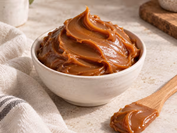 Dulce de leche repostero casero en un recipiente con su textura visible