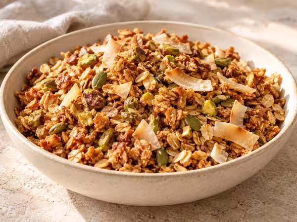 Granola tostada con copos de avena, pistachos, coco en escamas y semillas de calabaza en un cuenco claro