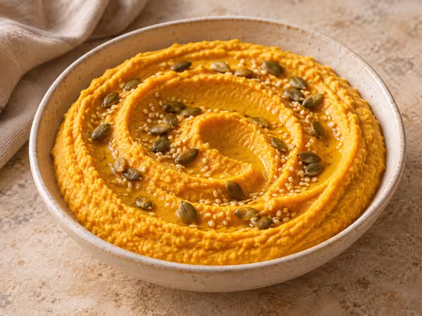 Hummus de calabaza dorado con aceite de oliva, sésamo y semillas de calabaza en un cuenco marfil