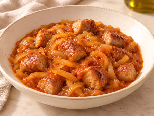 Fresh sausage pieces with softened onions in a tomato, white wine and paprika sauce