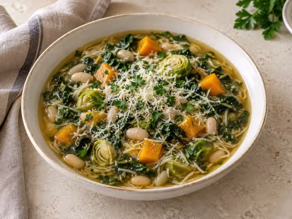 Sopa de invierno con alubias, fideos y verduras, presentación casera del plato terminado