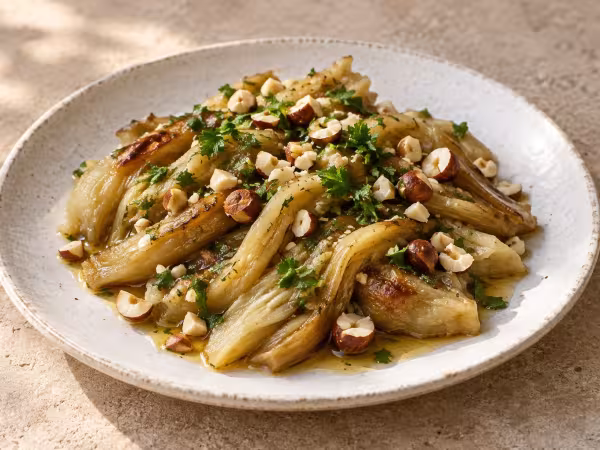 Roasted aubergines with hazelnuts and honey dressing, finished dish