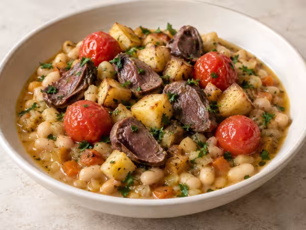 White beans with duck gizzards and golden potatoes, finished dish