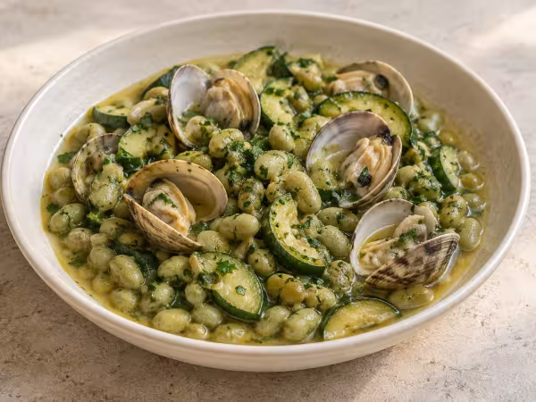 Verdina beans with courgette and clams, finished dish