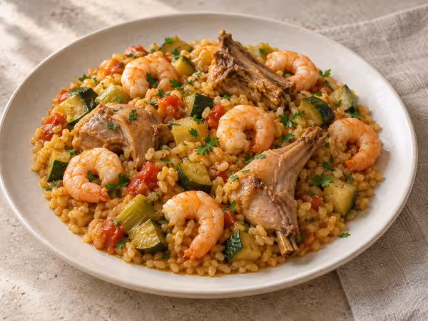 Rabbit, prawn and courgette rice, finished dish