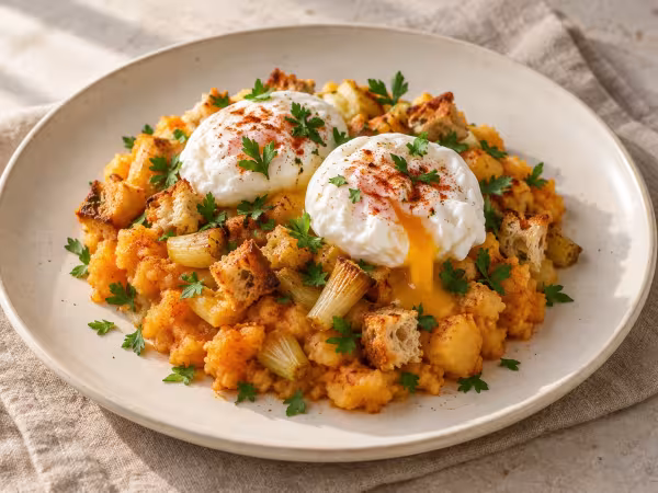 Poached eggs with paprika mash and young garlic, finished dish