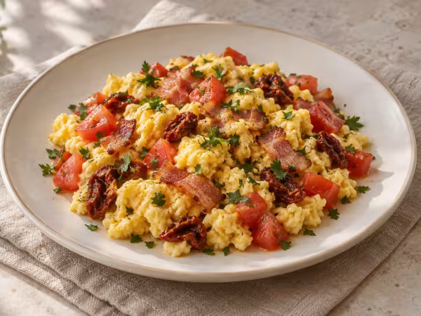 Revuelto de tomate y beicon, plato terminado