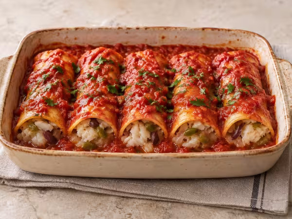 Salt cod, red onion and pepper cannelloni, finished dish