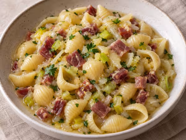 Pasta shells with Serrano ham, onion and leek, finished dish