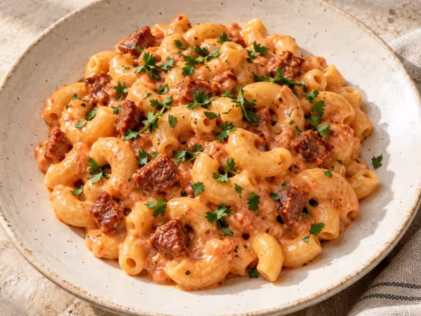 Macarrones con chorizo y salsa Aurora, plato terminado