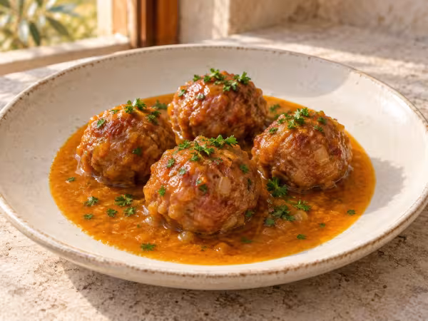 Beef and serrano ham meatballs in beer sauce, finished dish