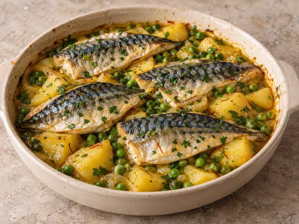 Saffron mackerel with potatoes and peas, finished dish