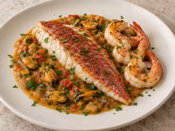 Red scorpionfish with mussel sauce and prawns, finished dish