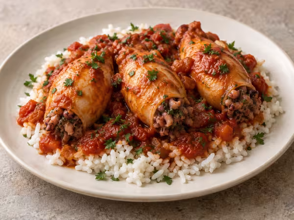 Tomato-braised squid with rice, finished dish