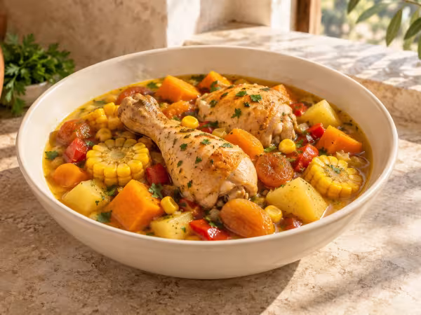 Carbonada de pollo con calabaza y ma&iacute;z, plato terminado