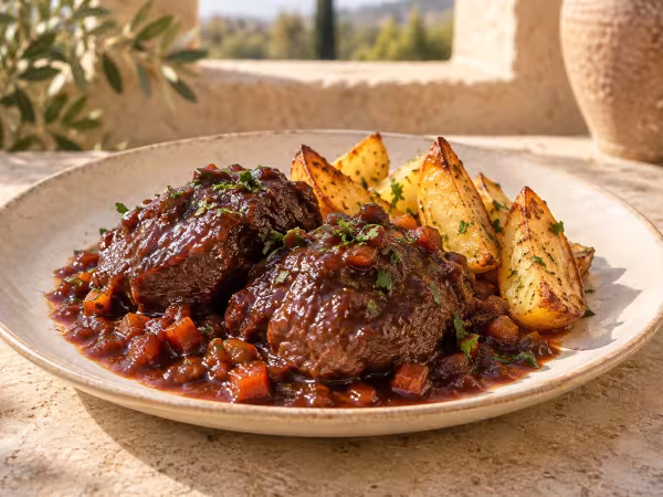 Red wine braised pork cheeks with potatoes, finished dish