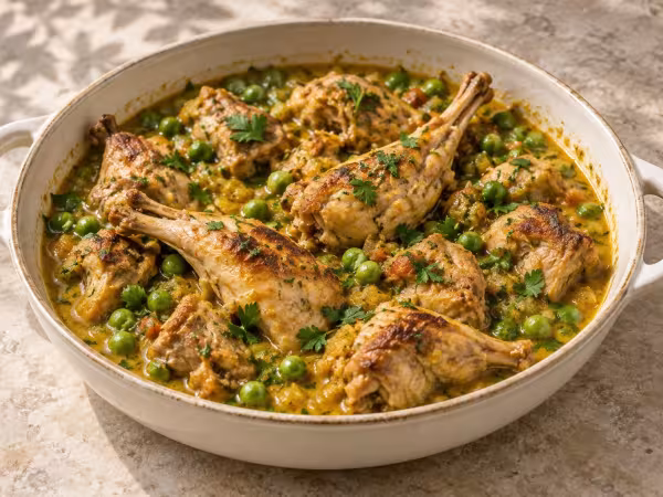 Curried rabbit stew with peas, finished dish