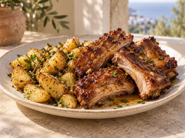 Costillas al horno con mandarina y patatas al or&eacute;gano, plato terminado