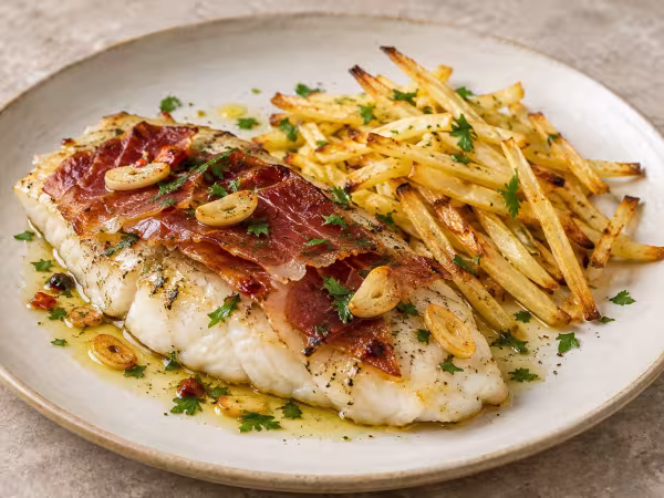Baked sea bream with serrano ham and garlic dressing, finished dish