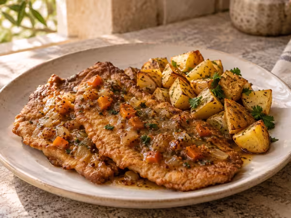 Escalopines de ternera con salsa de mostaza y patatas, plato terminado