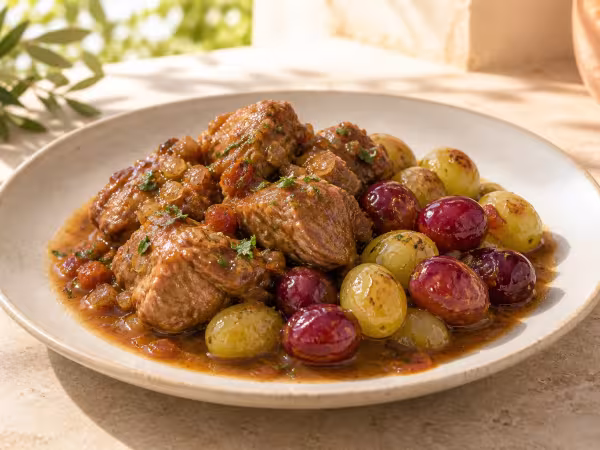 Turkey stew with golden saut&eacute;ed grapes, finished dish