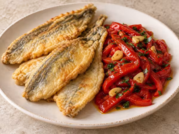 Faneca rebozada con pimientos rojos, plato terminado