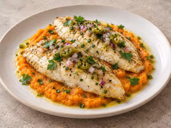 Baked megrim with carrot pur&eacute;e and tangy dressing, finished dish