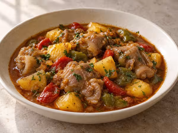 Braised lamb trotters with potatoes, finished dish