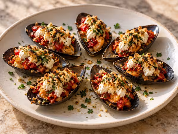 Mejillones gratinados con fritada y queso de cabra, plato terminado