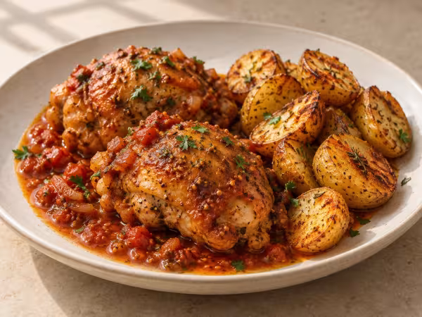 Whisky-braised chicken with spiced roast potatoes, finished dish