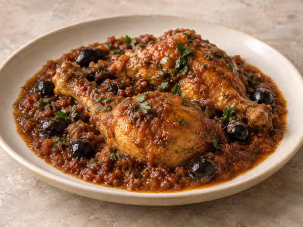 Pollo guisado con aceitunas y picada de almendras, plato terminado
